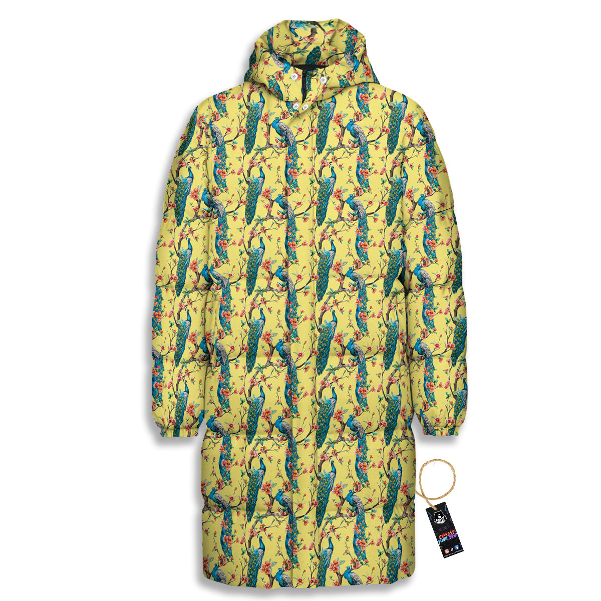 Peacock Cherry Blossom Print Long Down Jacket-grizzshop