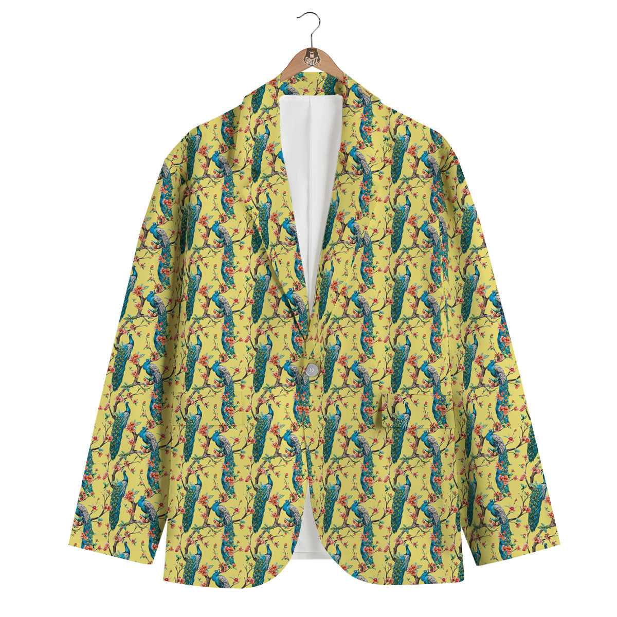 Peacock Cherry Blossom Print Men's Blazer-grizzshop