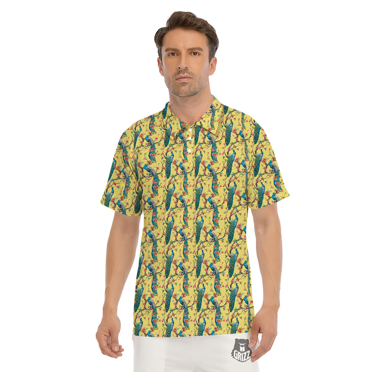 Peacock Cherry Blossom Print Men's Golf Shirts-grizzshop