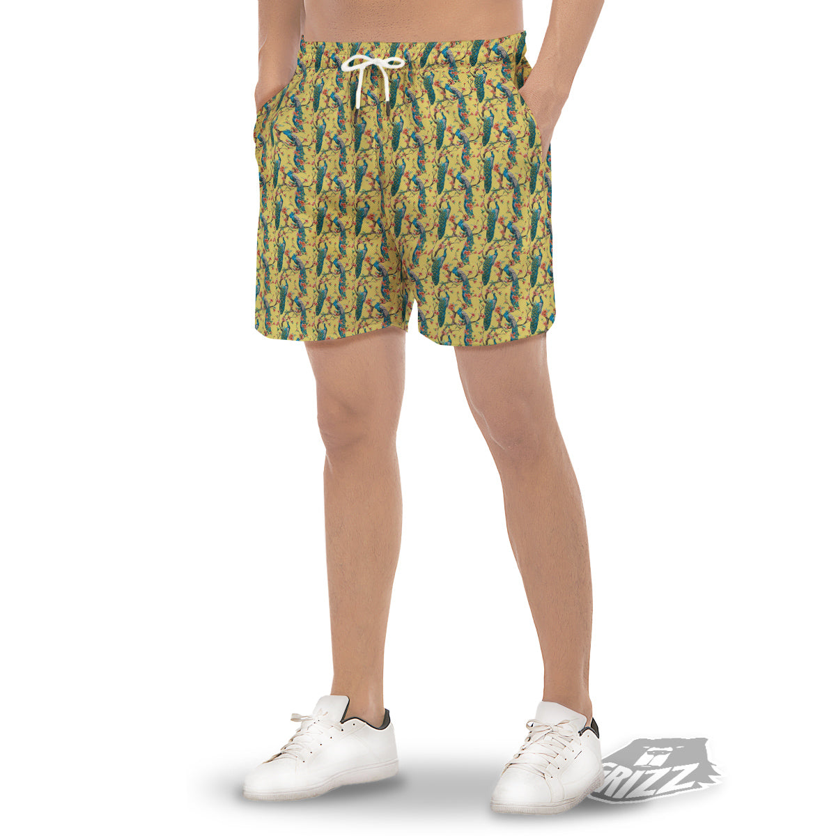Peacock Cherry Blossom Print Men's Gym Shorts-grizzshop