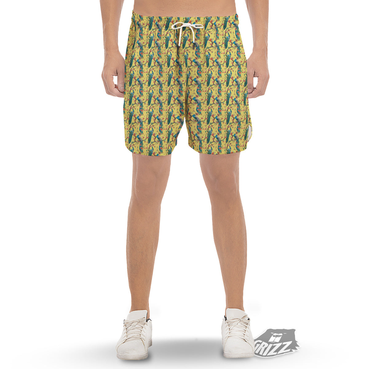 Peacock Cherry Blossom Print Men's Gym Shorts-grizzshop