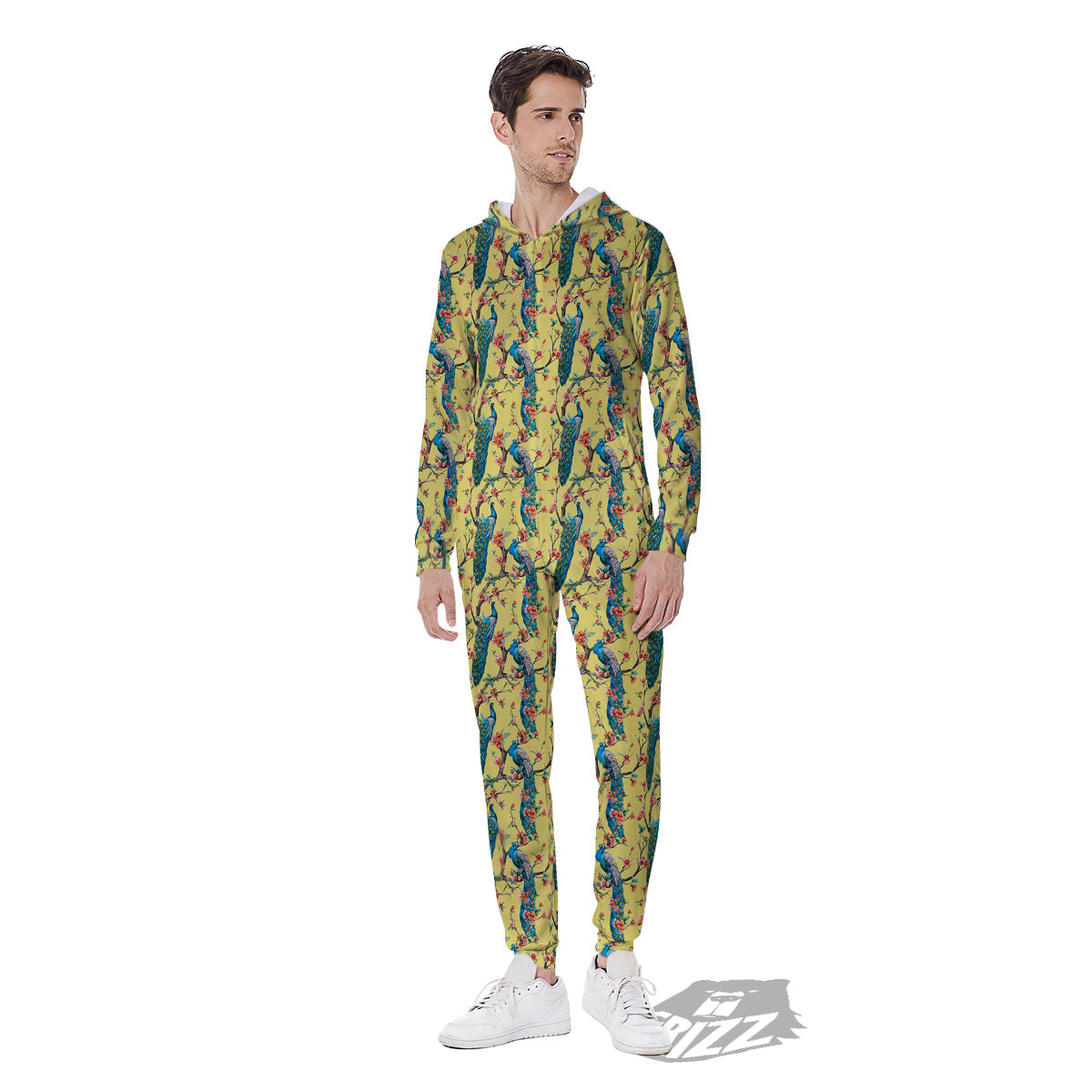 Peacock Cherry Blossom Print Men's Jumpsuit-grizzshop
