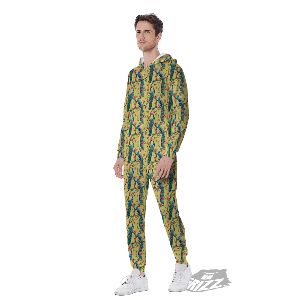 Peacock Cherry Blossom Print Men's Jumpsuit-grizzshop