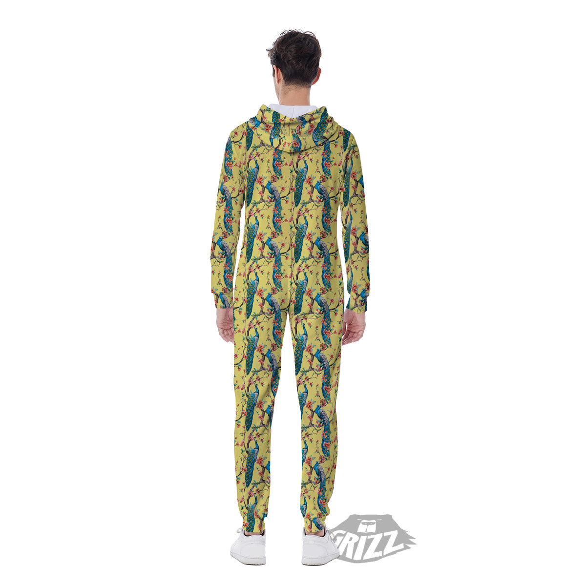 Peacock Cherry Blossom Print Men's Jumpsuit-grizzshop