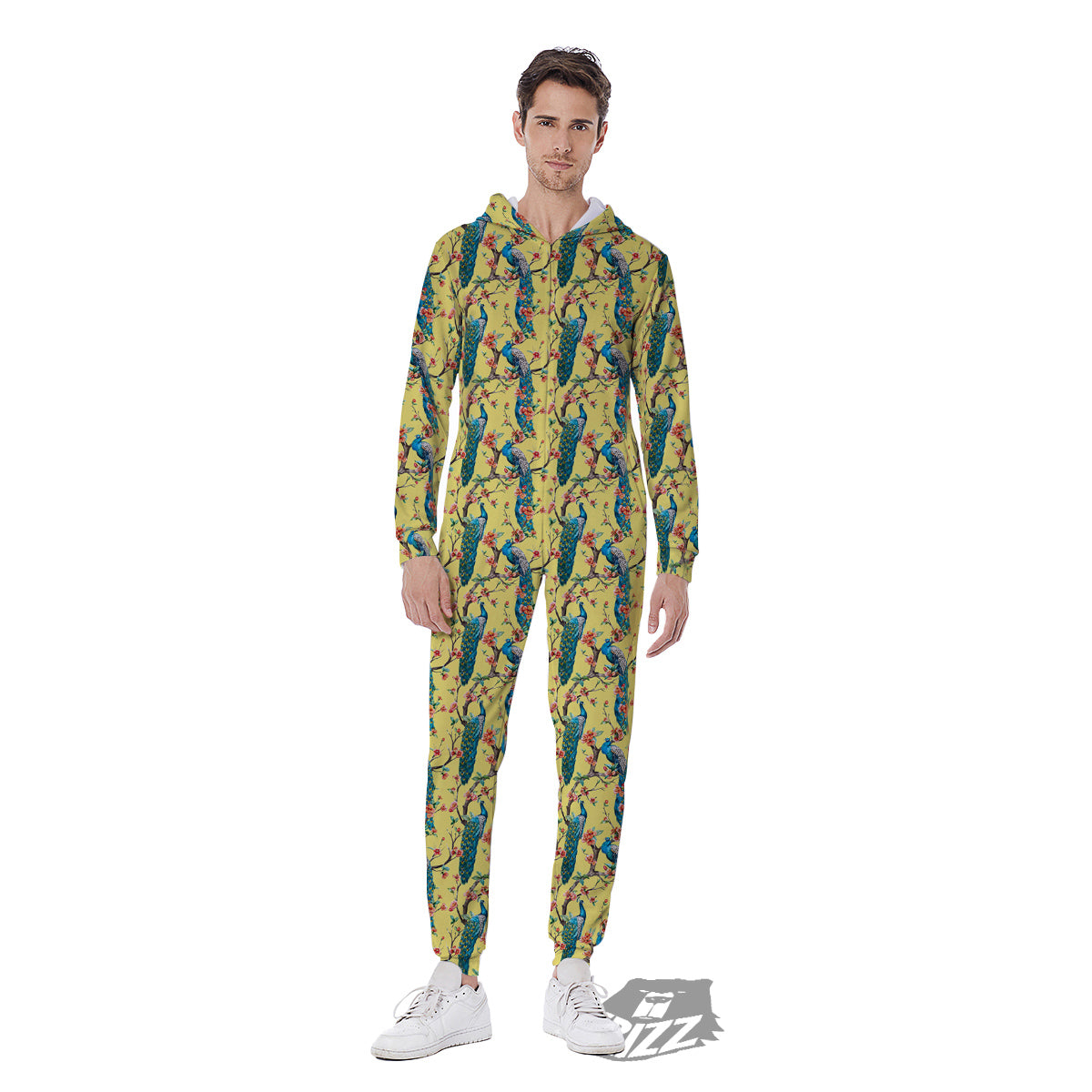 Peacock Cherry Blossom Print Men's Jumpsuit-grizzshop