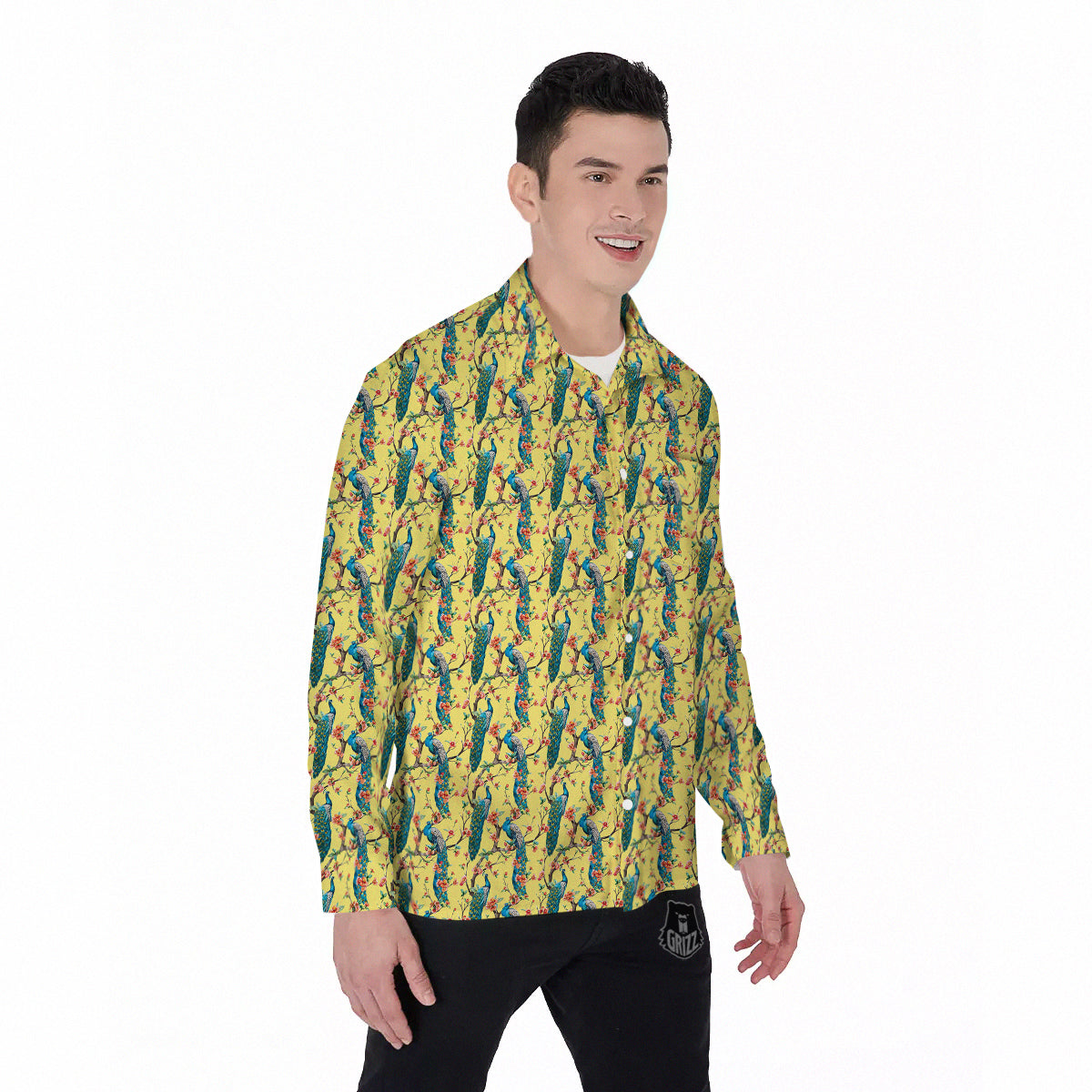 Peacock Cherry Blossom Print Men's Long Sleeve Shirts-grizzshop