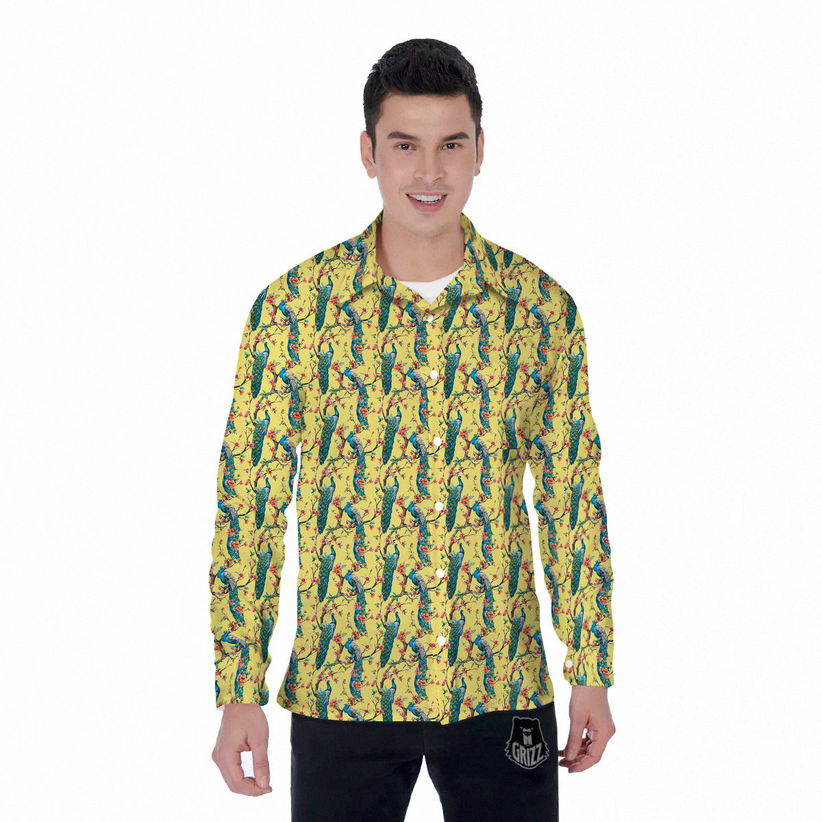 Peacock Cherry Blossom Print Men's Long Sleeve Shirts-grizzshop