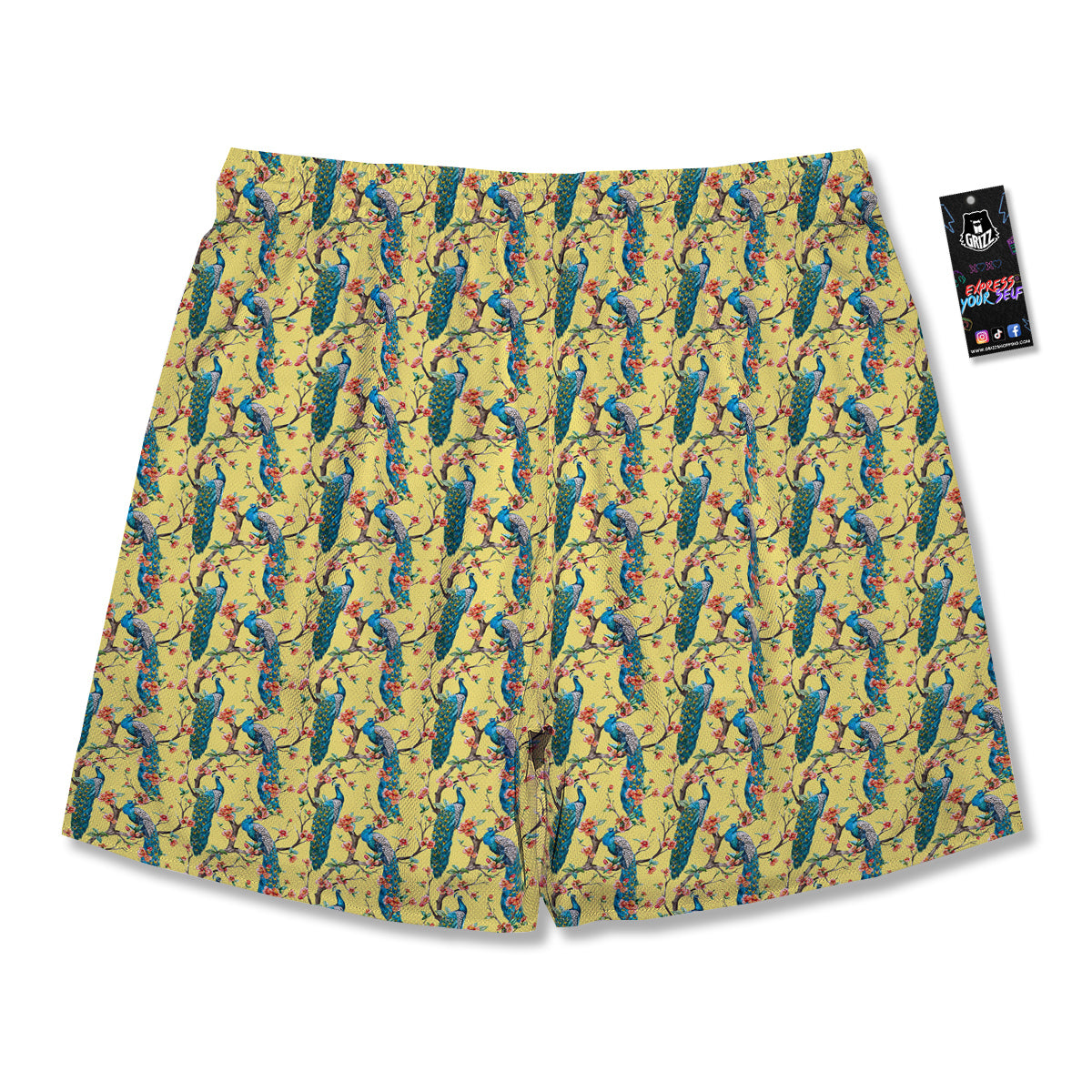 Peacock Cherry Blossom Print Men's Running Shorts-grizzshop