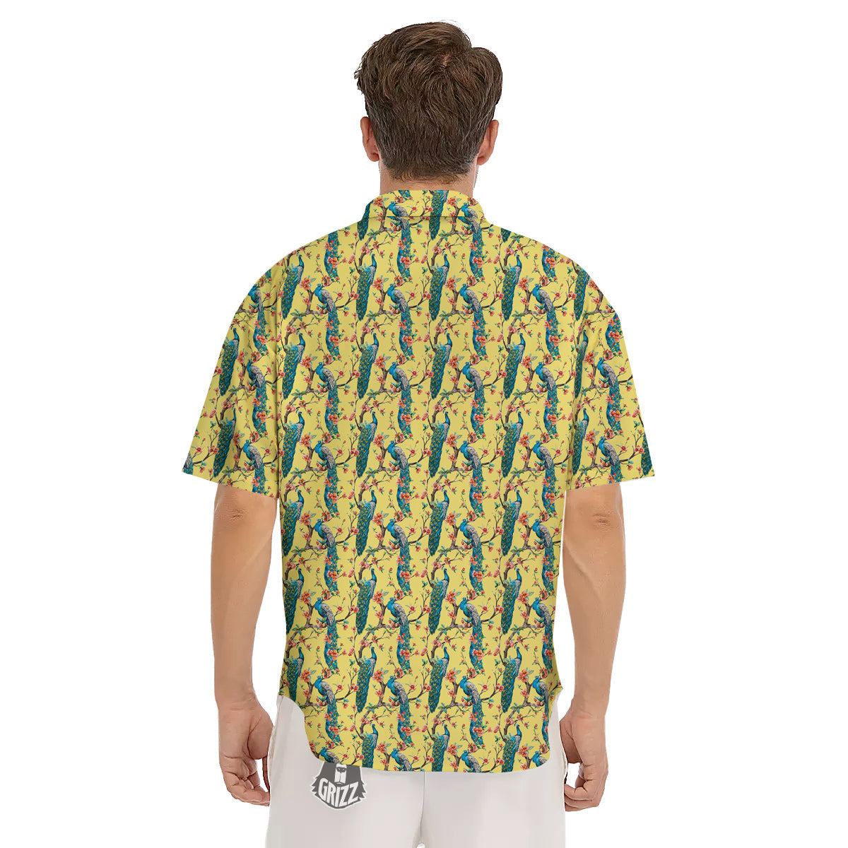 Peacock Cherry Blossom Print Men's Short Sleeve Shirts-grizzshop