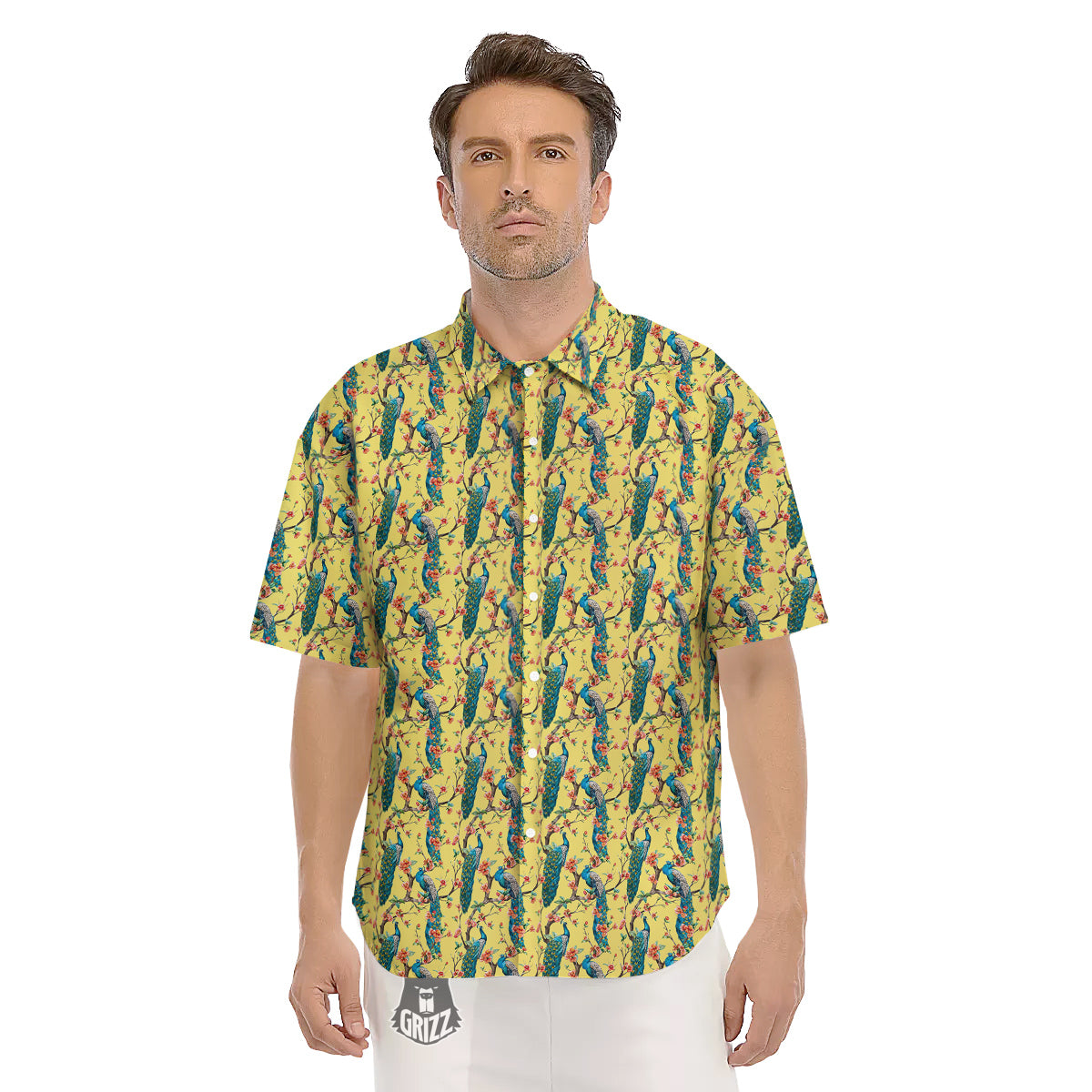 Peacock Cherry Blossom Print Men's Short Sleeve Shirts-grizzshop