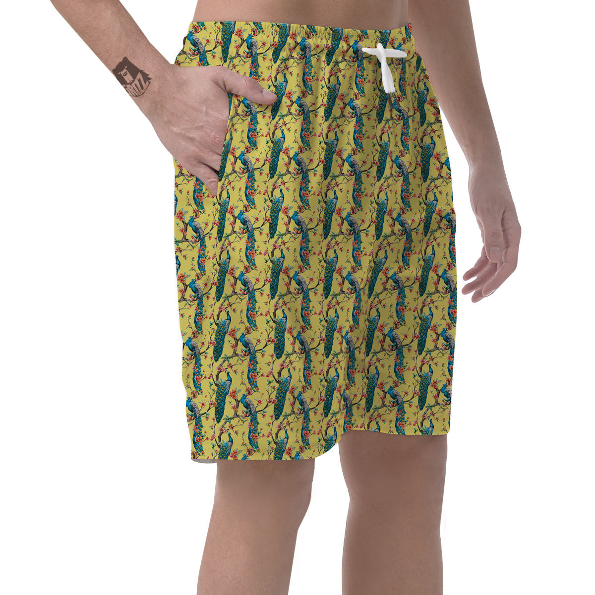 Peacock Cherry Blossom Print Men's Shorts-grizzshop