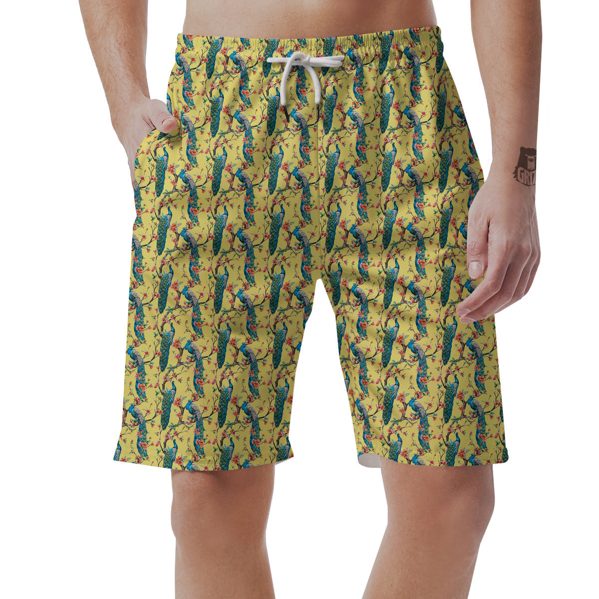 Peacock Cherry Blossom Print Men's Shorts-grizzshop