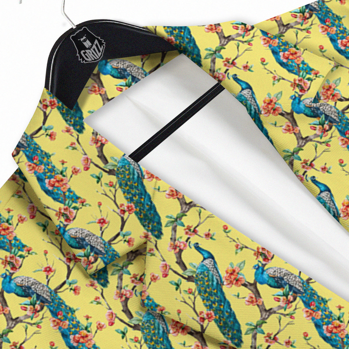 Peacock Cherry Blossom Print Men's Sport Coat-grizzshop