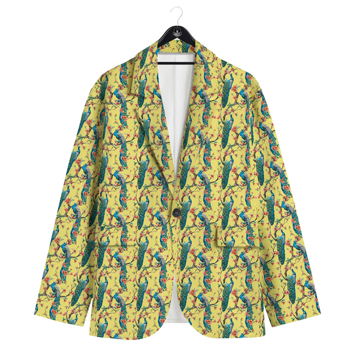Peacock Cherry Blossom Print Men's Sport Coat-grizzshop