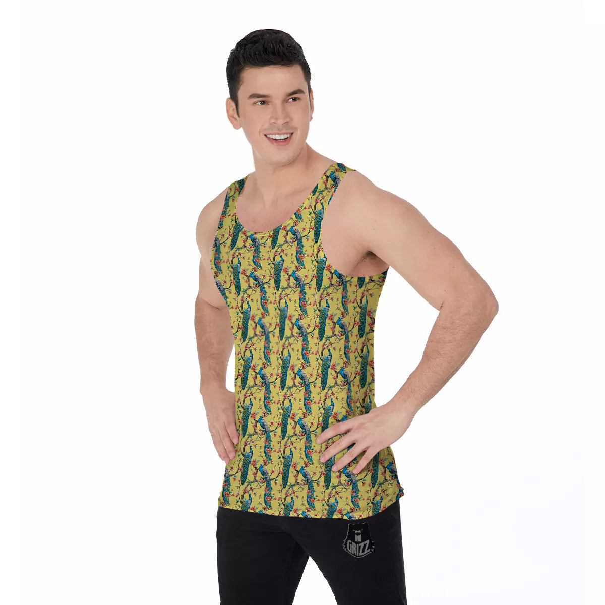 Peacock Cherry Blossom Print Men's Tank Top-grizzshop