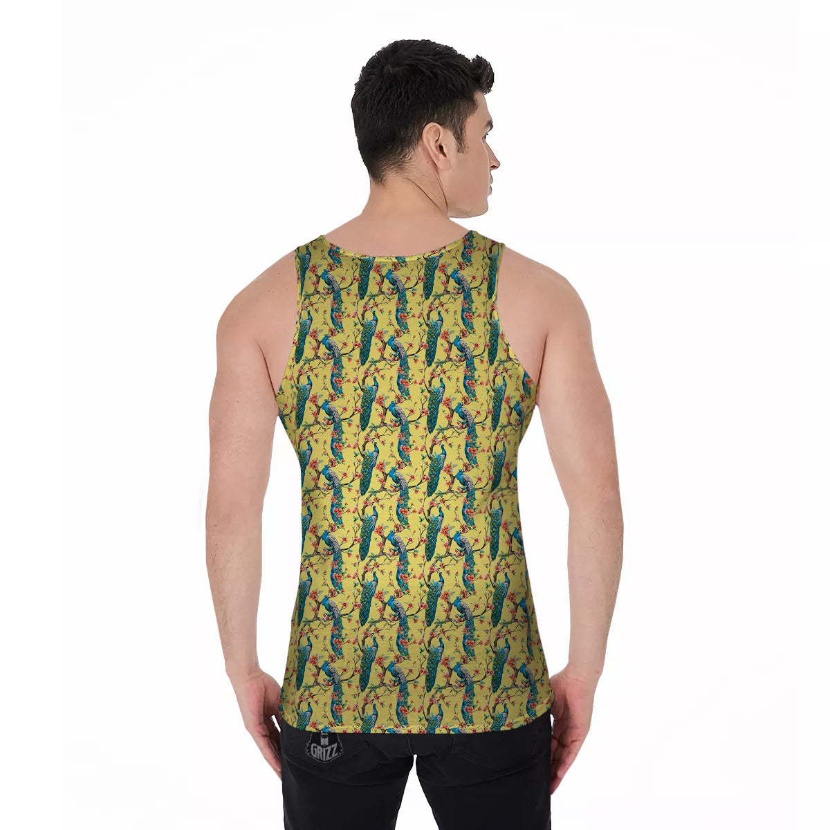 Peacock Cherry Blossom Print Men's Tank Top-grizzshop