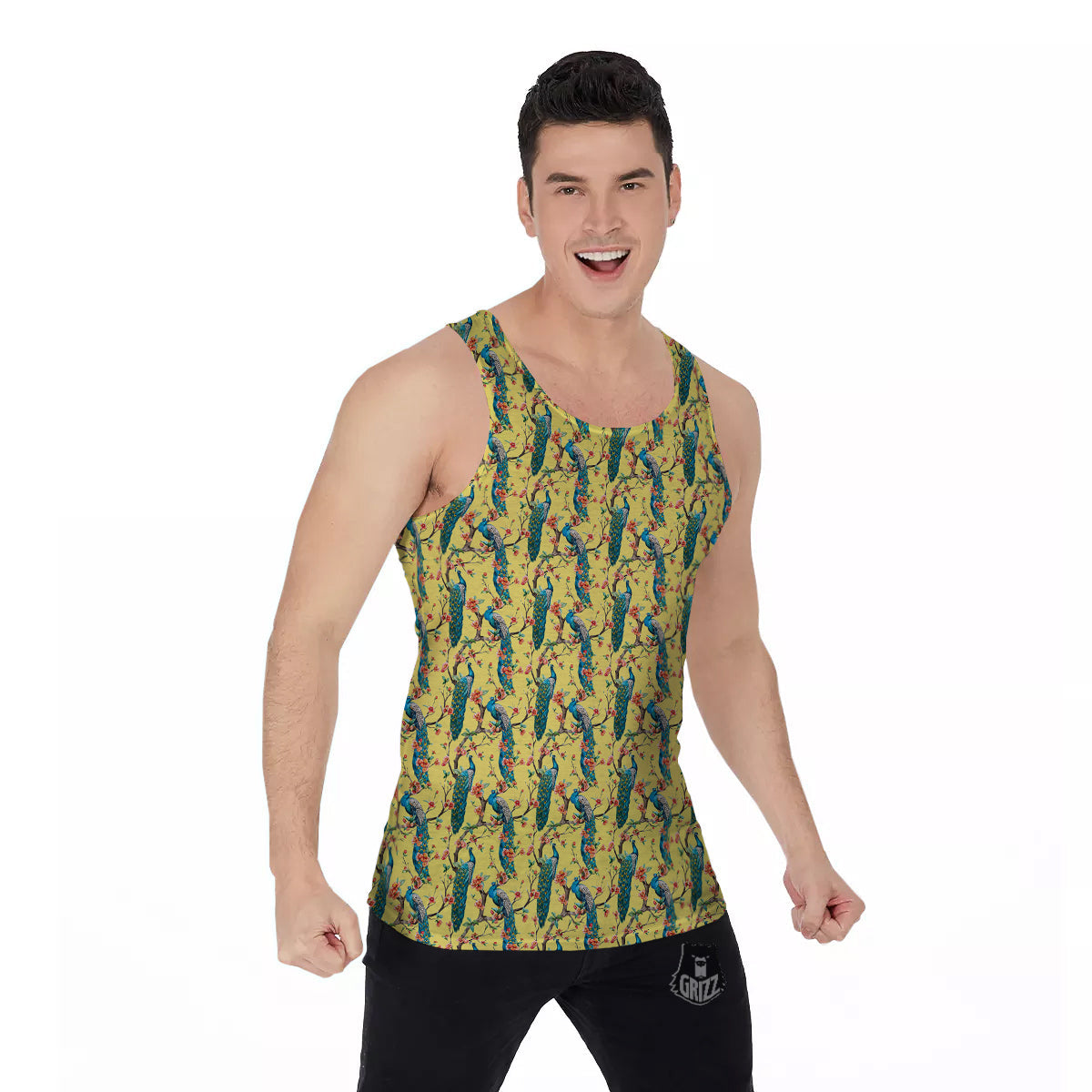 Peacock Cherry Blossom Print Men's Tank Top-grizzshop