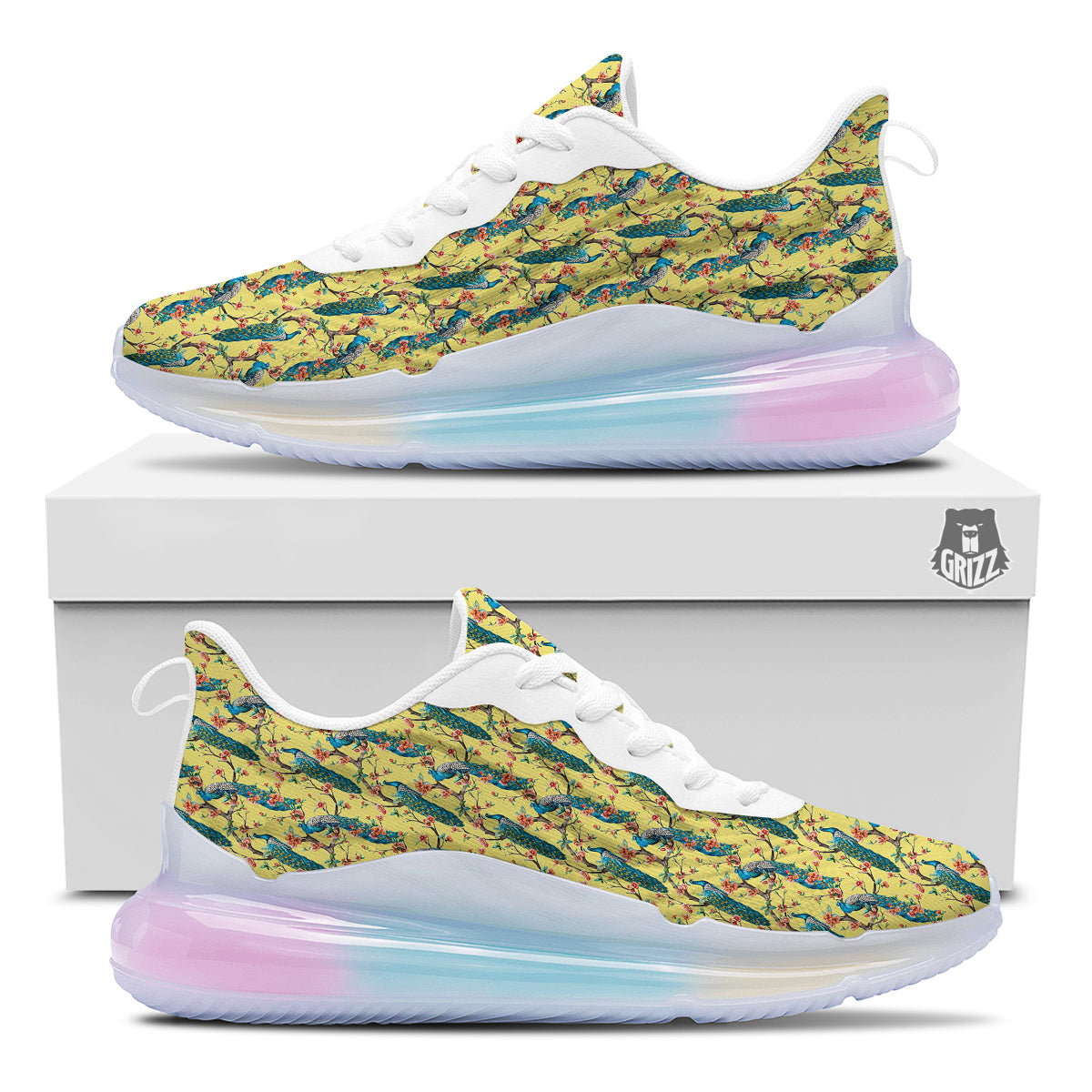 Peacock Cherry Blossom Print Running Sneakers-grizzshop