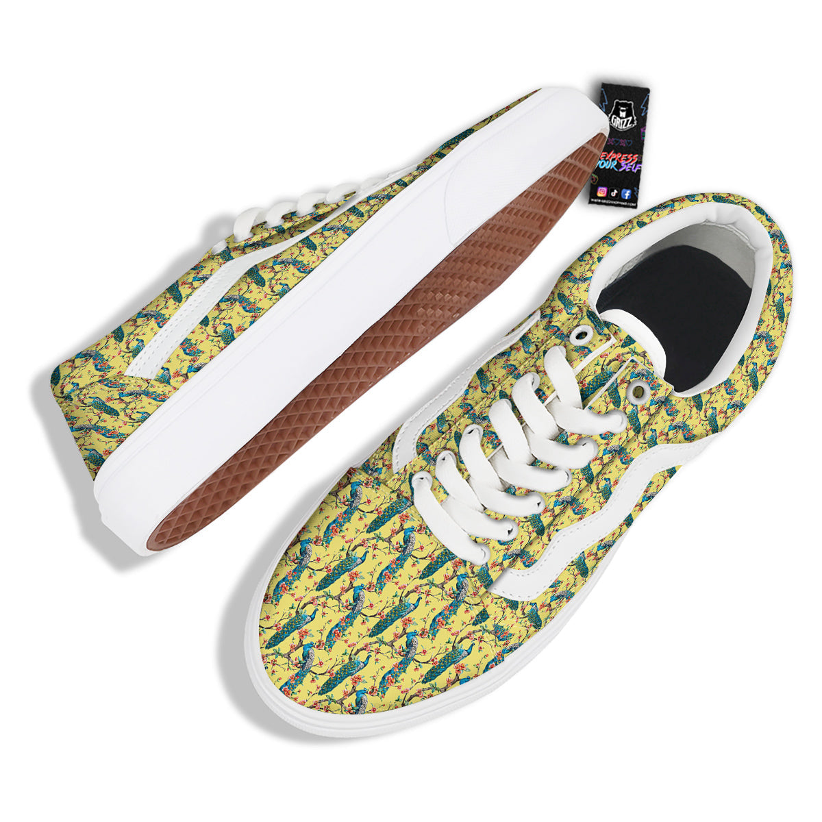 Peacock Cherry Blossom Print Skate Shoes-grizzshop