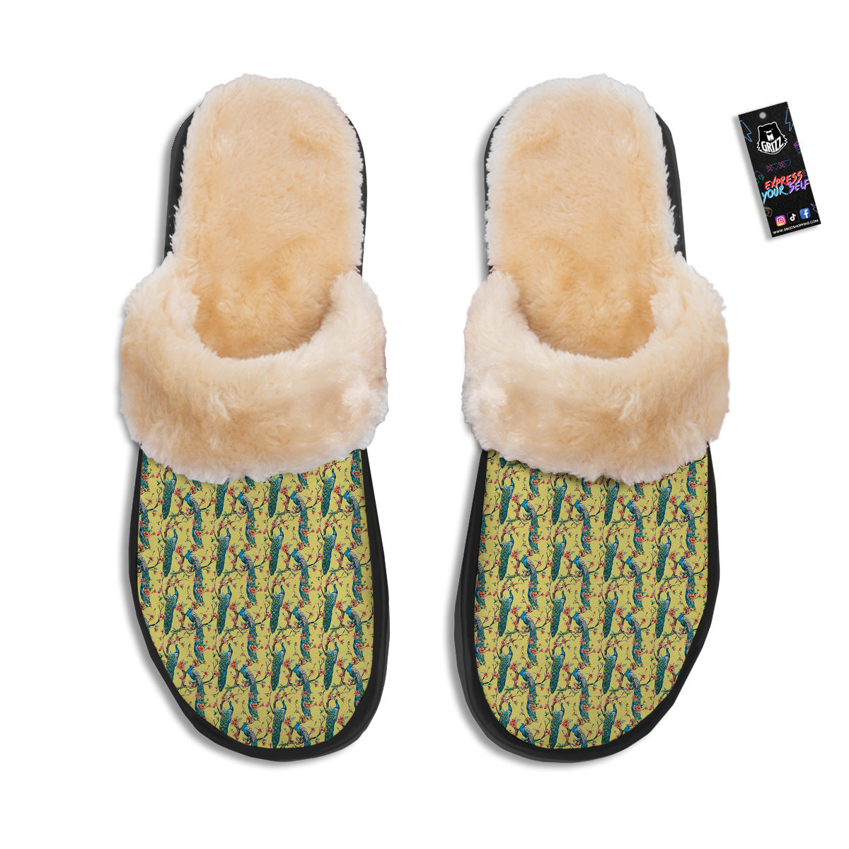 Peacock Cherry Blossom Print Slippers-grizzshop