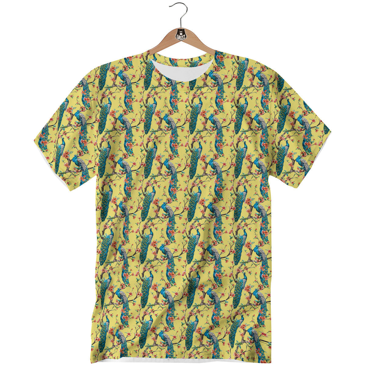 Peacock Cherry Blossom Print T-Shirt-grizzshop