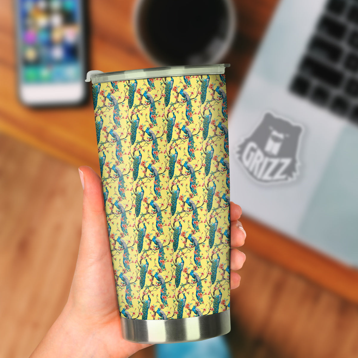 Peacock Cherry Blossom Print Tumbler-grizzshop