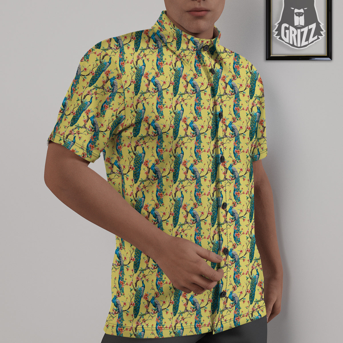 Peacock Cherry Blossom Print Untucked Shirts-grizzshop