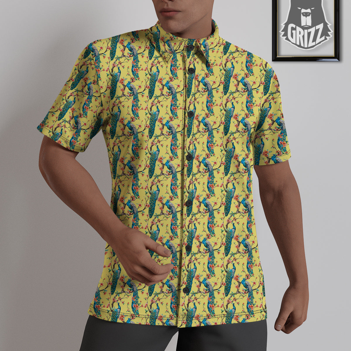 Peacock Cherry Blossom Print Untucked Shirts-grizzshop