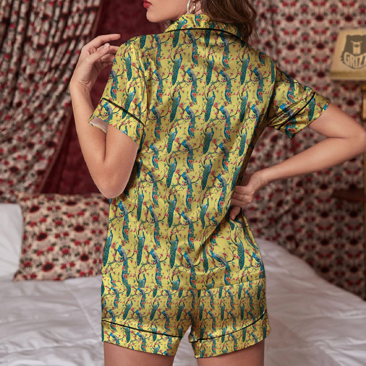 Peacock Cherry Blossom Print Women Silk Pajamas-grizzshop