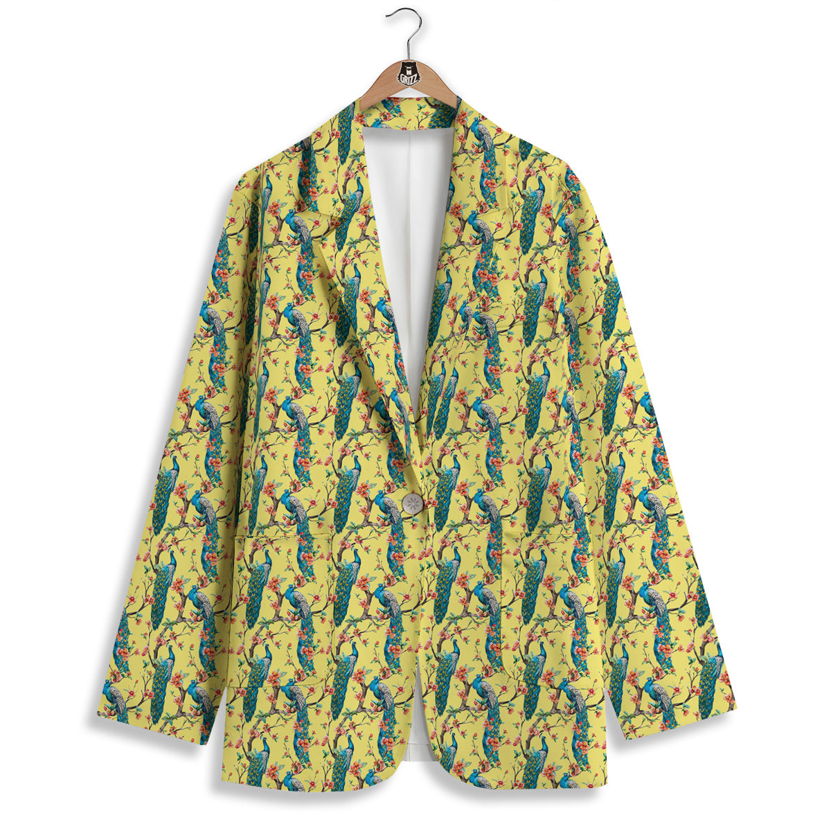 Peacock Cherry Blossom Print Women's Blazer-grizzshop