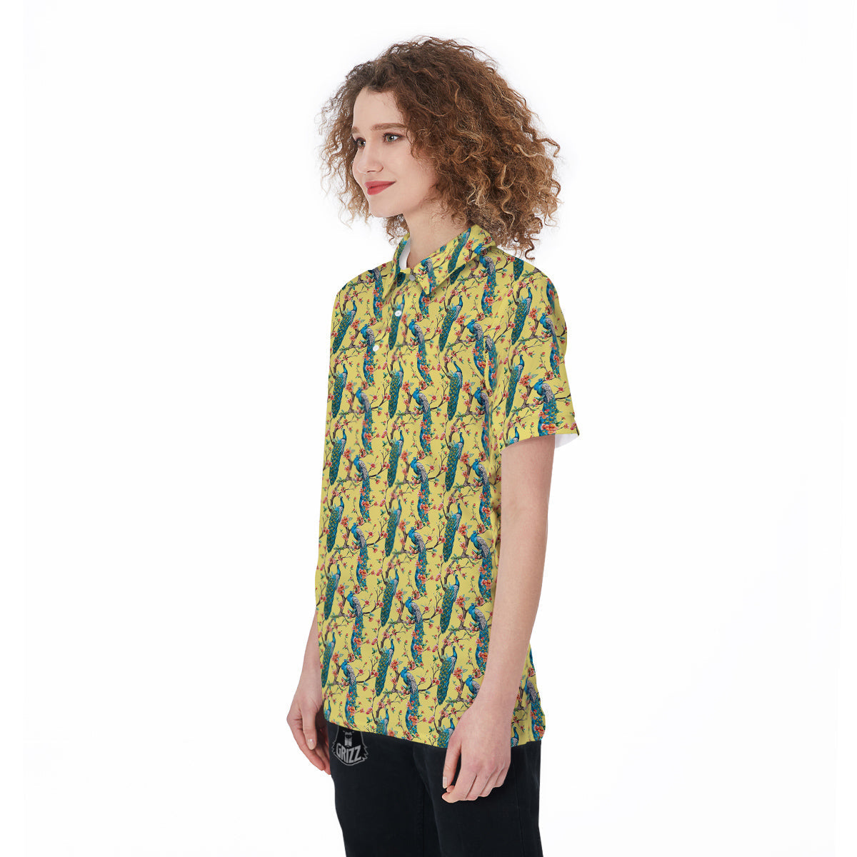 Peacock Cherry Blossom Print Women's Golf Shirts-grizzshop