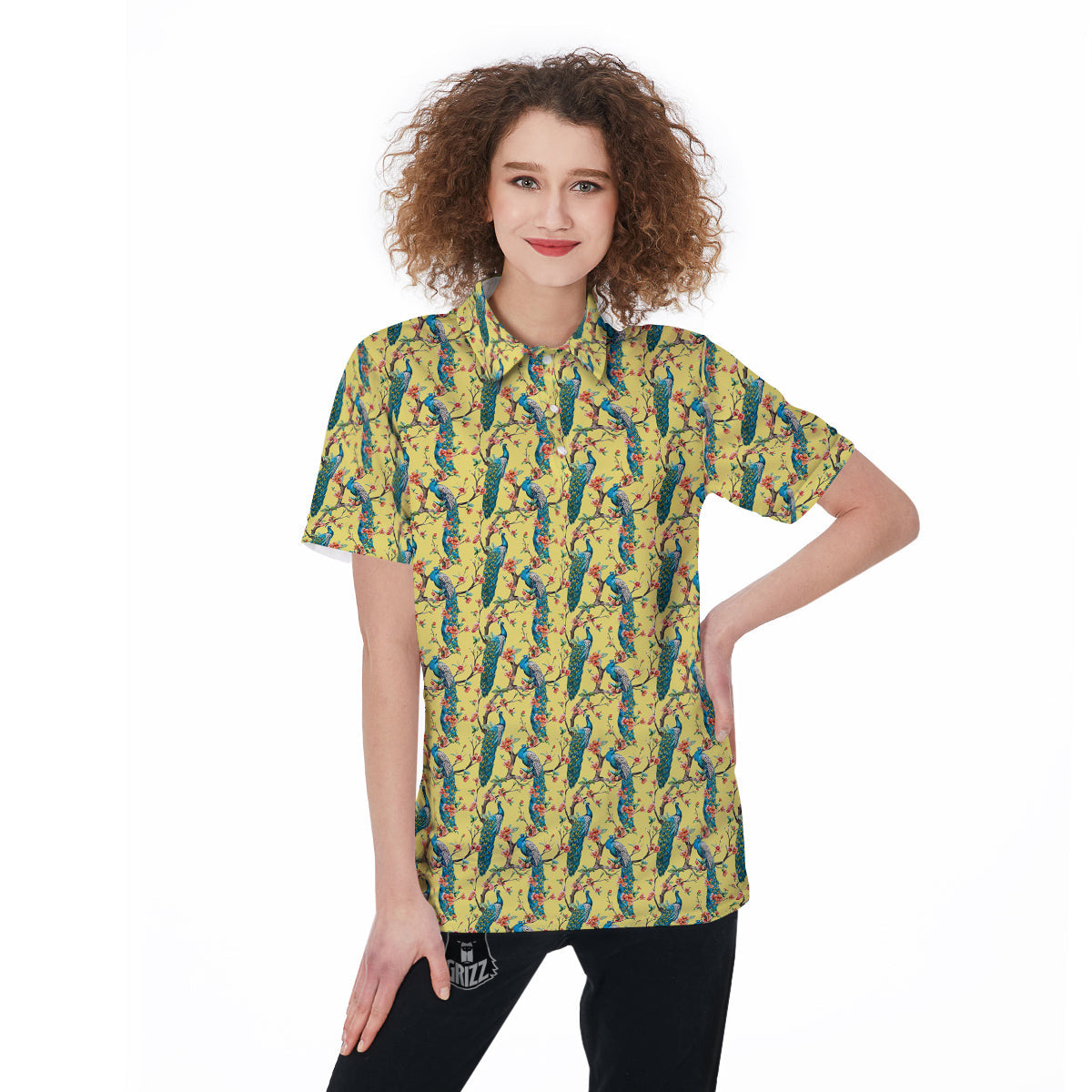Peacock Cherry Blossom Print Women's Golf Shirts-grizzshop