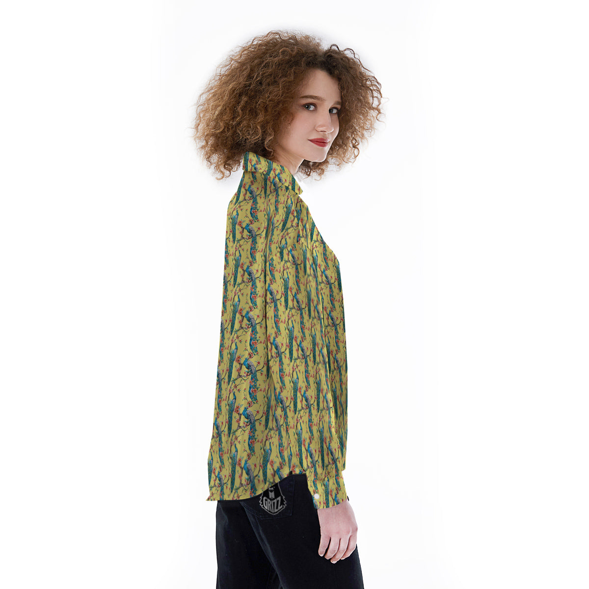 Peacock Cherry Blossom Print Women's Long Sleeve Shirts-grizzshop
