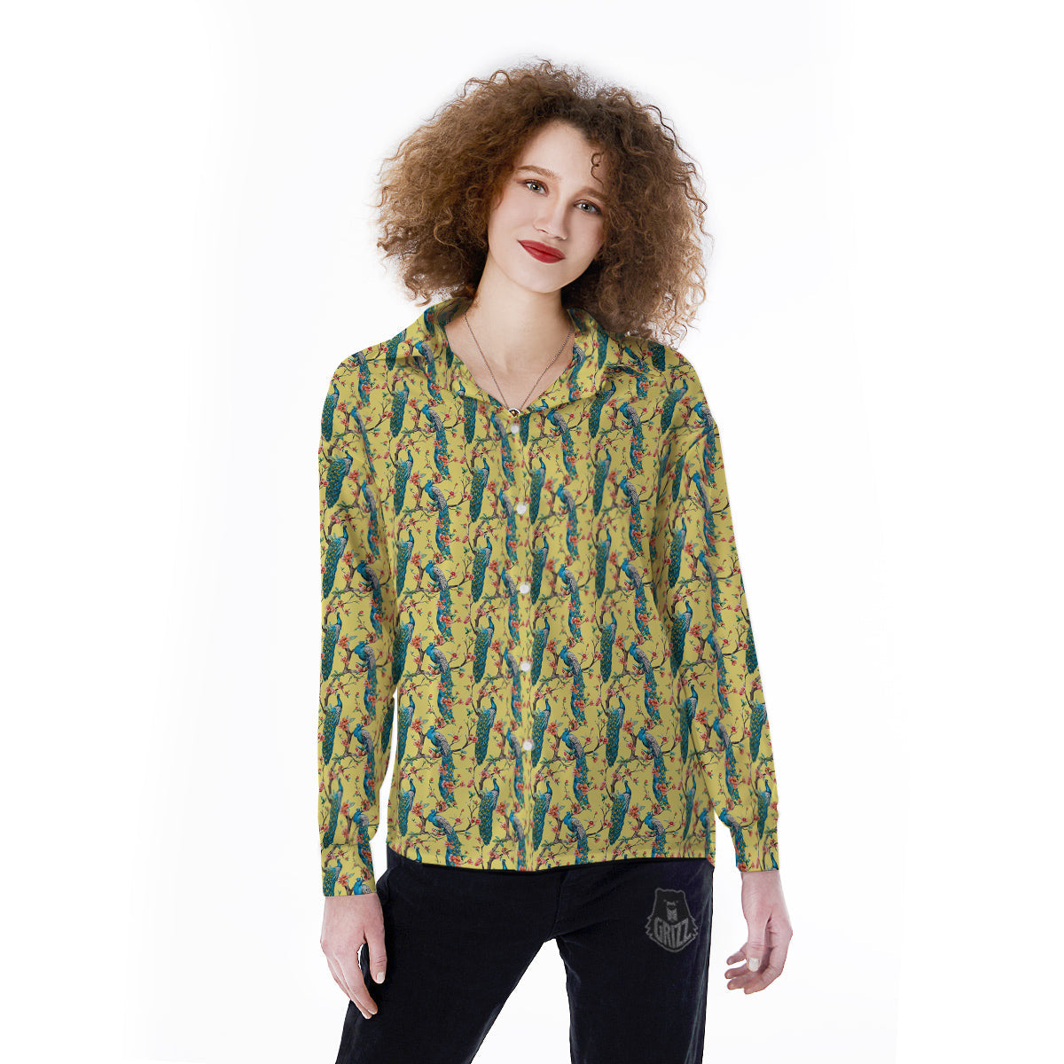Peacock Cherry Blossom Print Women's Long Sleeve Shirts-grizzshop