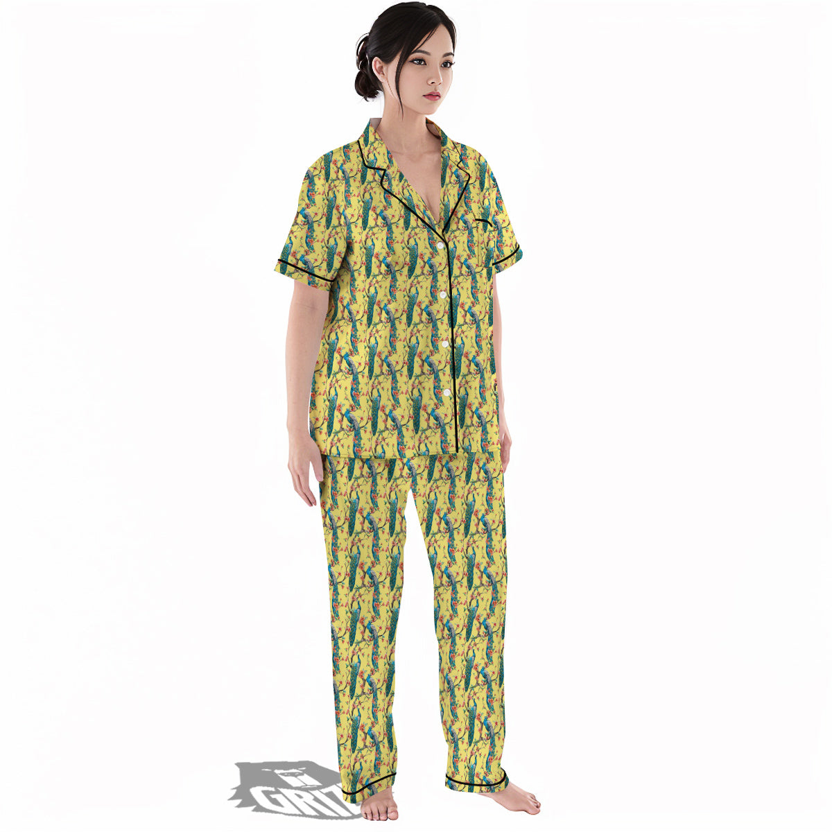 Peacock Cherry Blossom Print Women's Pajamas Set-grizzshop