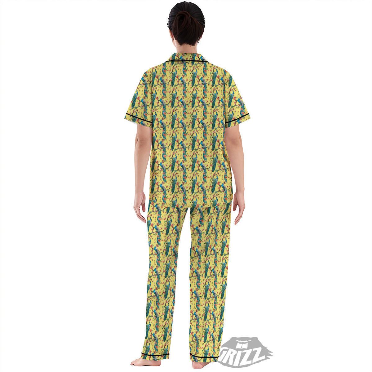 Peacock Cherry Blossom Print Women's Pajamas Set-grizzshop