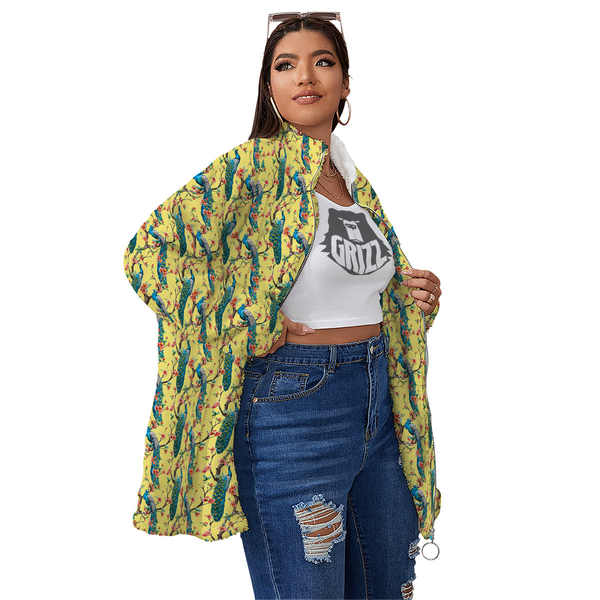 Peacock Cherry Blossom Print Women's Sherpa Jacket-grizzshop