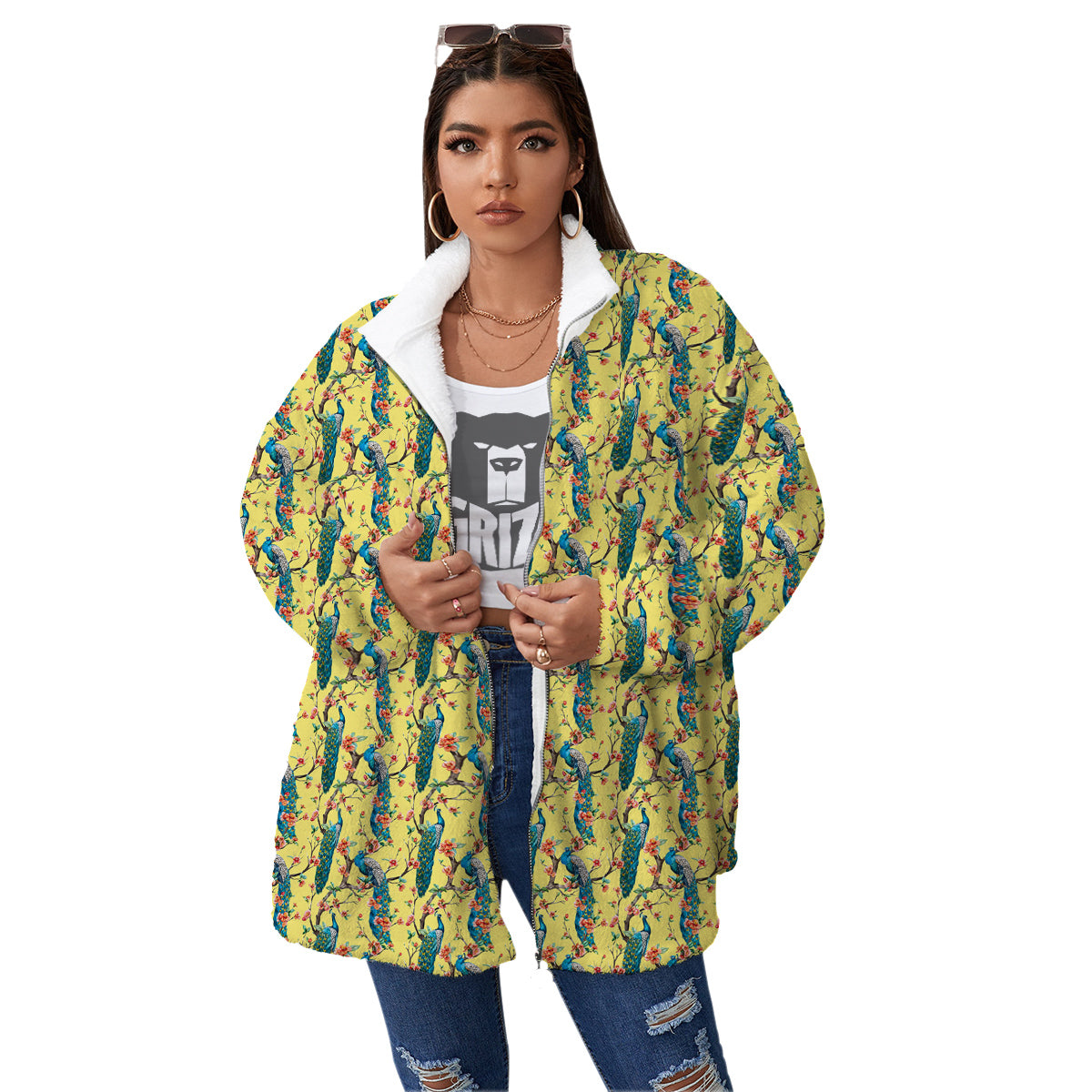 Peacock Cherry Blossom Print Women's Sherpa Jacket-grizzshop