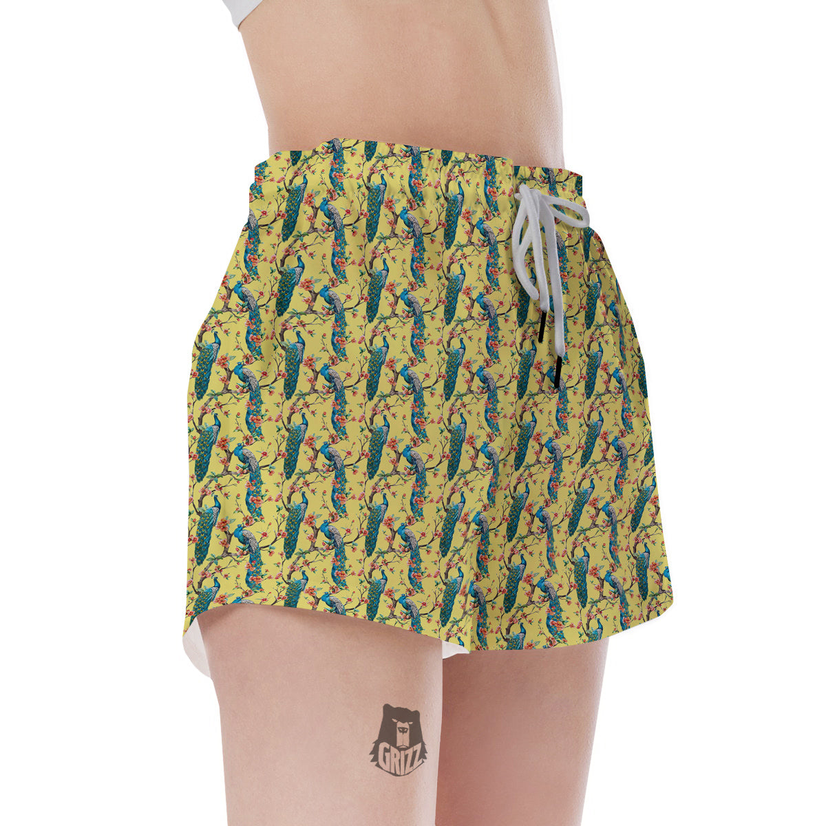 Peacock Cherry Blossom Print Women's Shorts-grizzshop