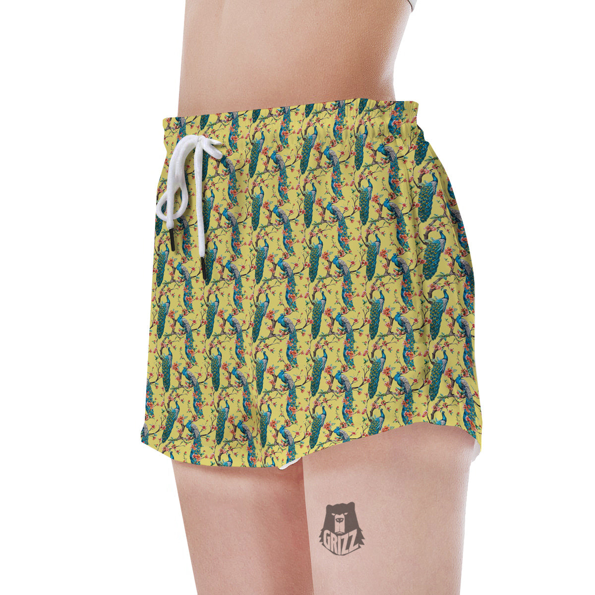 Peacock Cherry Blossom Print Women's Shorts-grizzshop