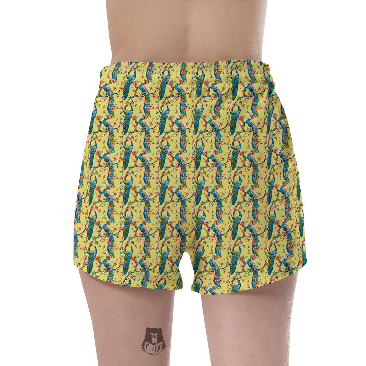 Peacock Cherry Blossom Print Women's Shorts-grizzshop