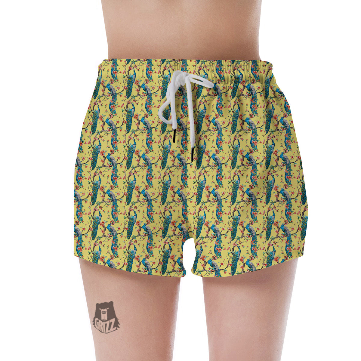 Peacock Cherry Blossom Print Women's Shorts-grizzshop