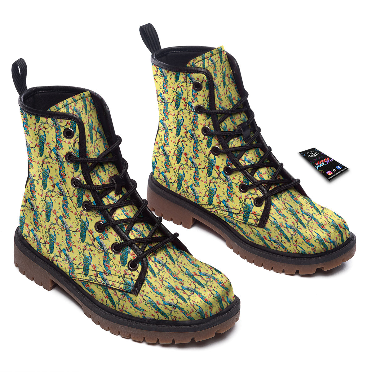 Peacock Cherry Blossom Print Work Boots-grizzshop