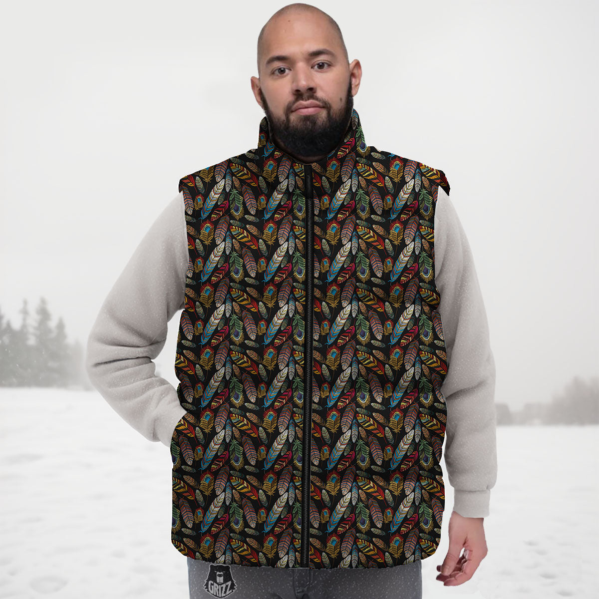 Peacock Embroidery Print Pattern Down Vest