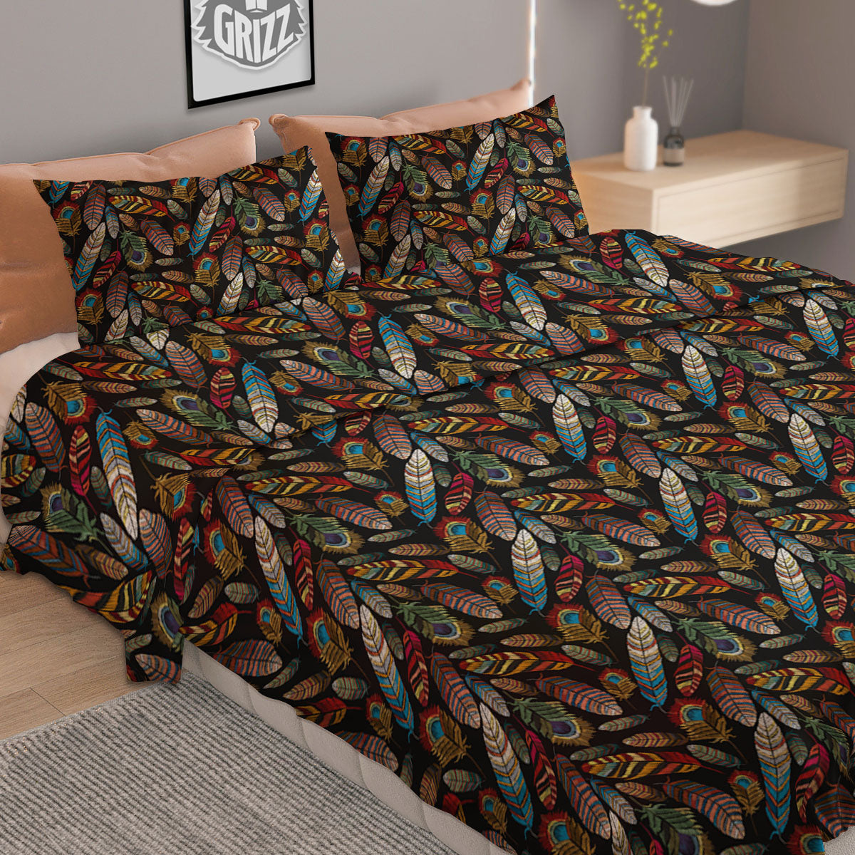 Peacock Embroidery Print Pattern Duvet Cover Bedding Set