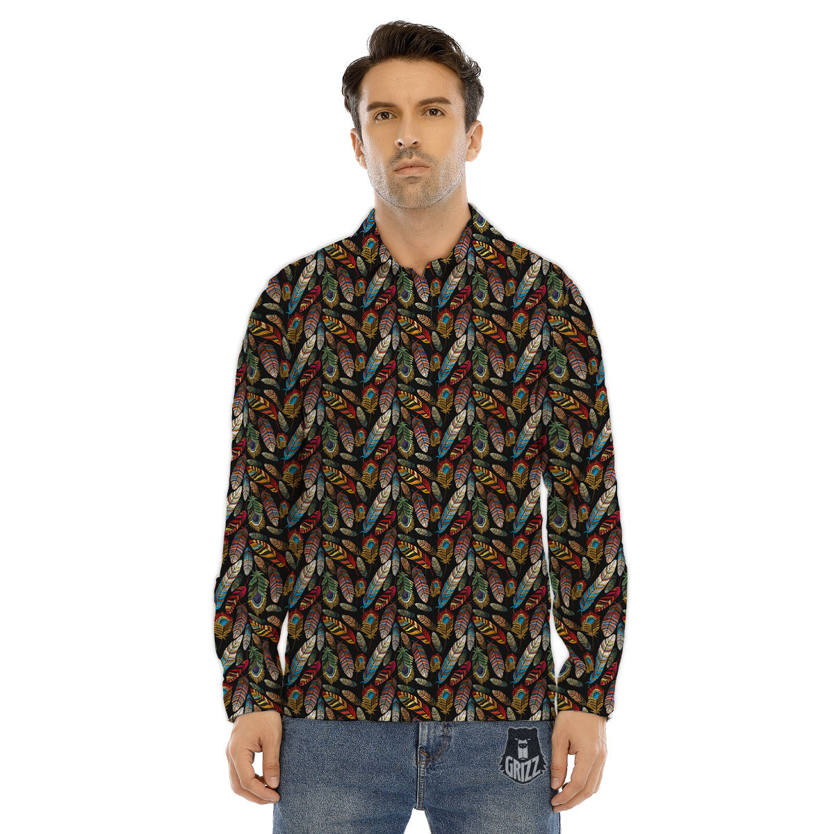 Peacock Embroidery Print Pattern Men's Dress Shirts-grizzshop
