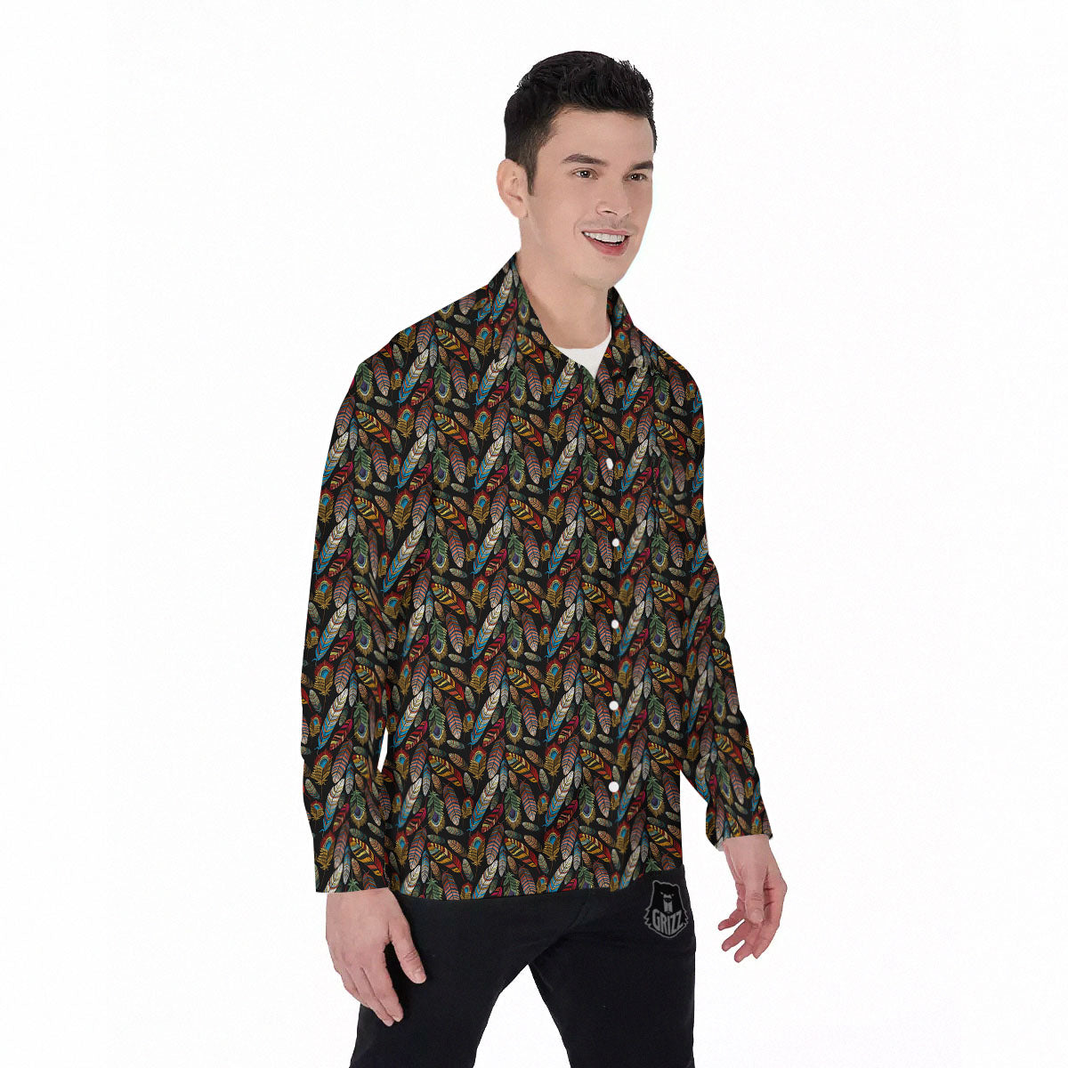 Peacock Embroidery Print Pattern Men's Long Sleeve Shirts-grizzshop