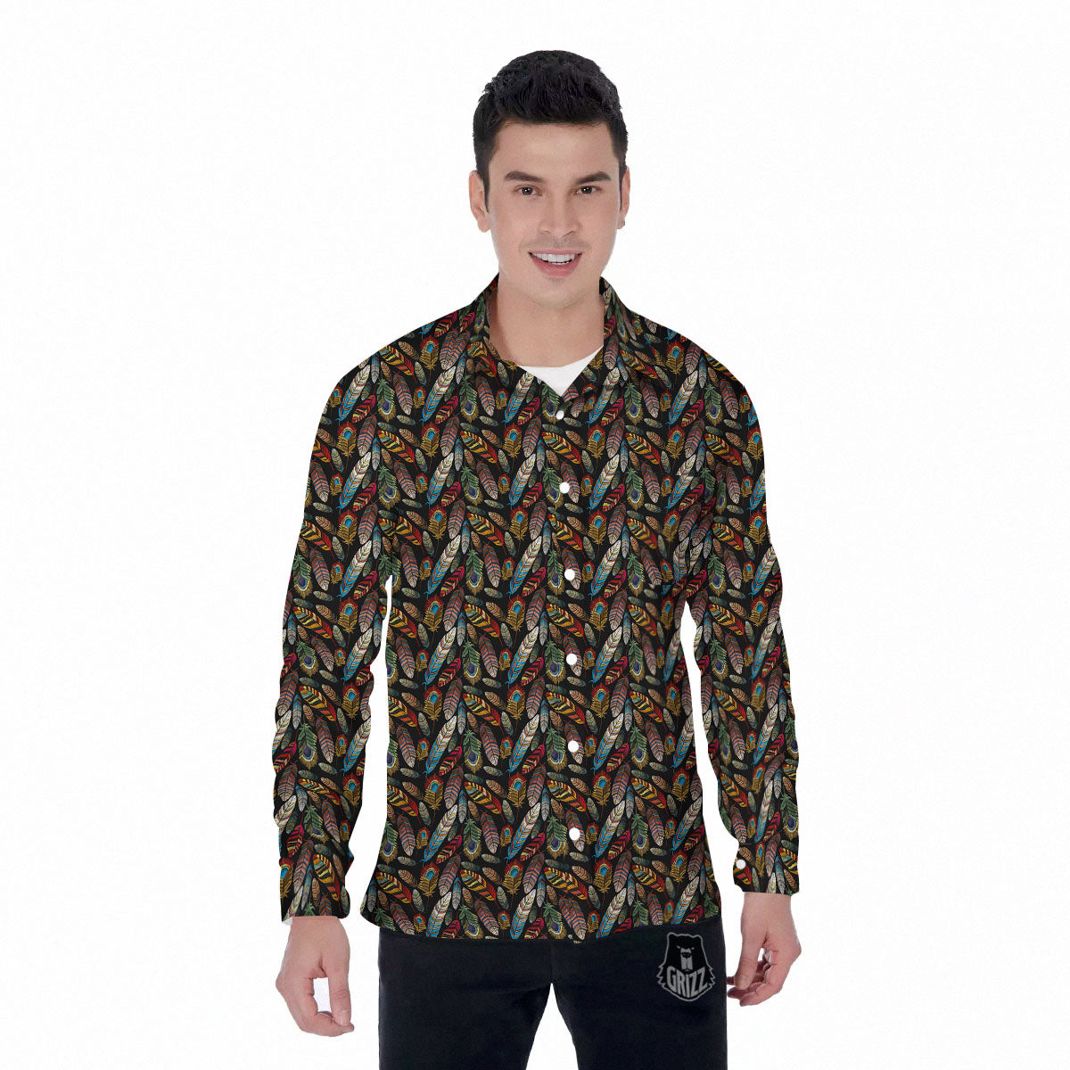 Peacock Embroidery Print Pattern Men's Long Sleeve Shirts-grizzshop
