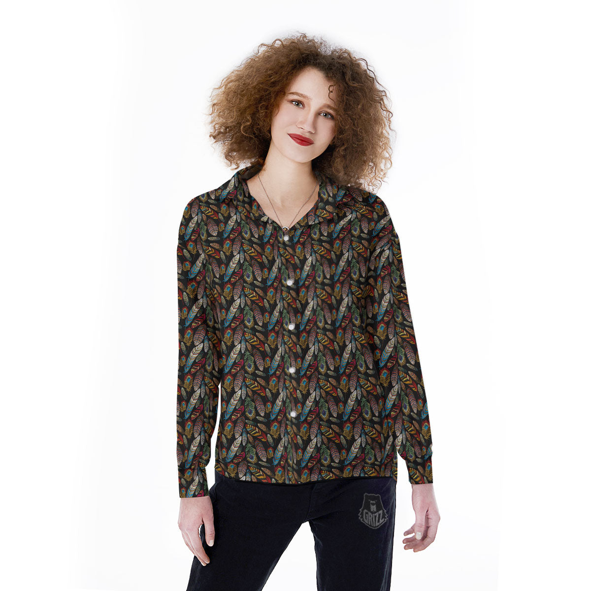 Peacock Embroidery Print Pattern Women's Long Sleeve Shirts-grizzshop