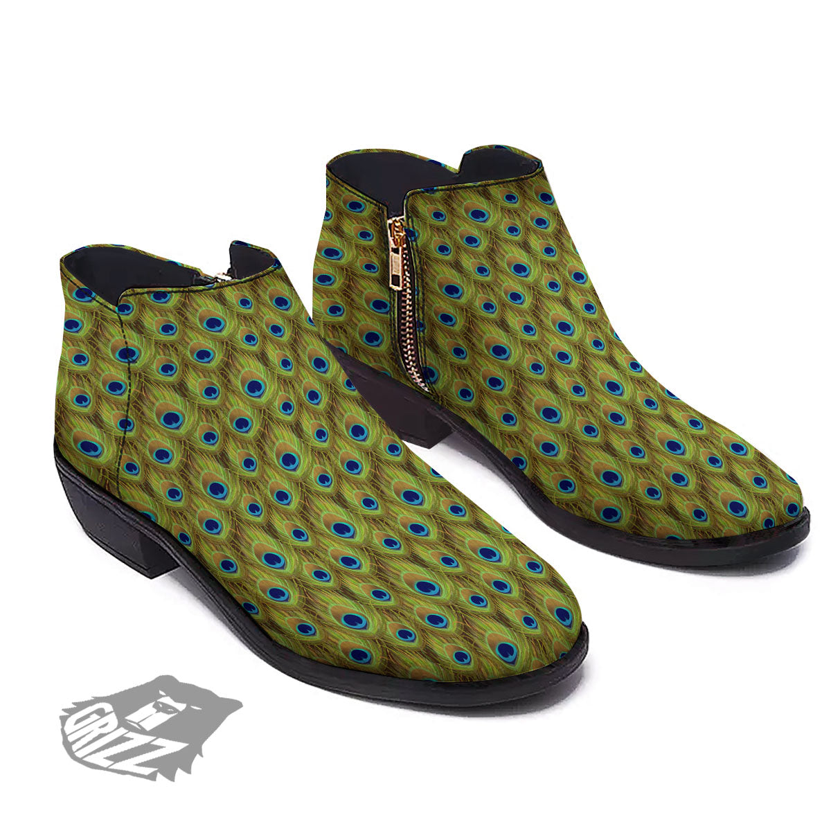 Peacock Feather Boho Print Pattern Ankle Boots-grizzshop